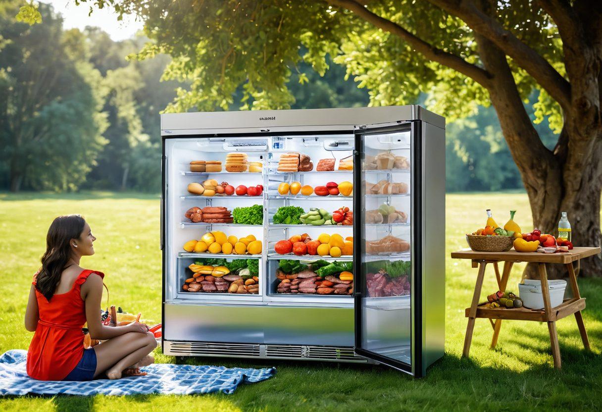 A visually captivating scene showcasing a modern commercial refrigeration system filled with vibrant, fresh produce and meats on one side, contrasting with a portable refrigerator being used on a picnic with people enjoying food outdoors. Include a clear view of temperature controls and energy efficiency labels. The sunlight casts a warm glow, highlighting the freshness of the food. super-realistic. vibrant colors. outdoor picnic scene.