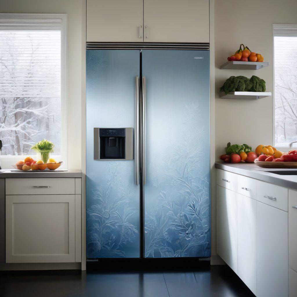 A serene kitchen scene featuring a modern, energy-efficient refrigerator adorned with frozen fruits and vegetables. Soft, natural light filters through a window, reflecting on the sleek stainless steel surface. Surrounding the fridge are energy-saving devices like LED lights and solar panels, creating an eco-friendly atmosphere. Include visual elements representing coldness, like frost patterns on the fridge and a gentle blue color palette. super-realistic. vibrant colors.