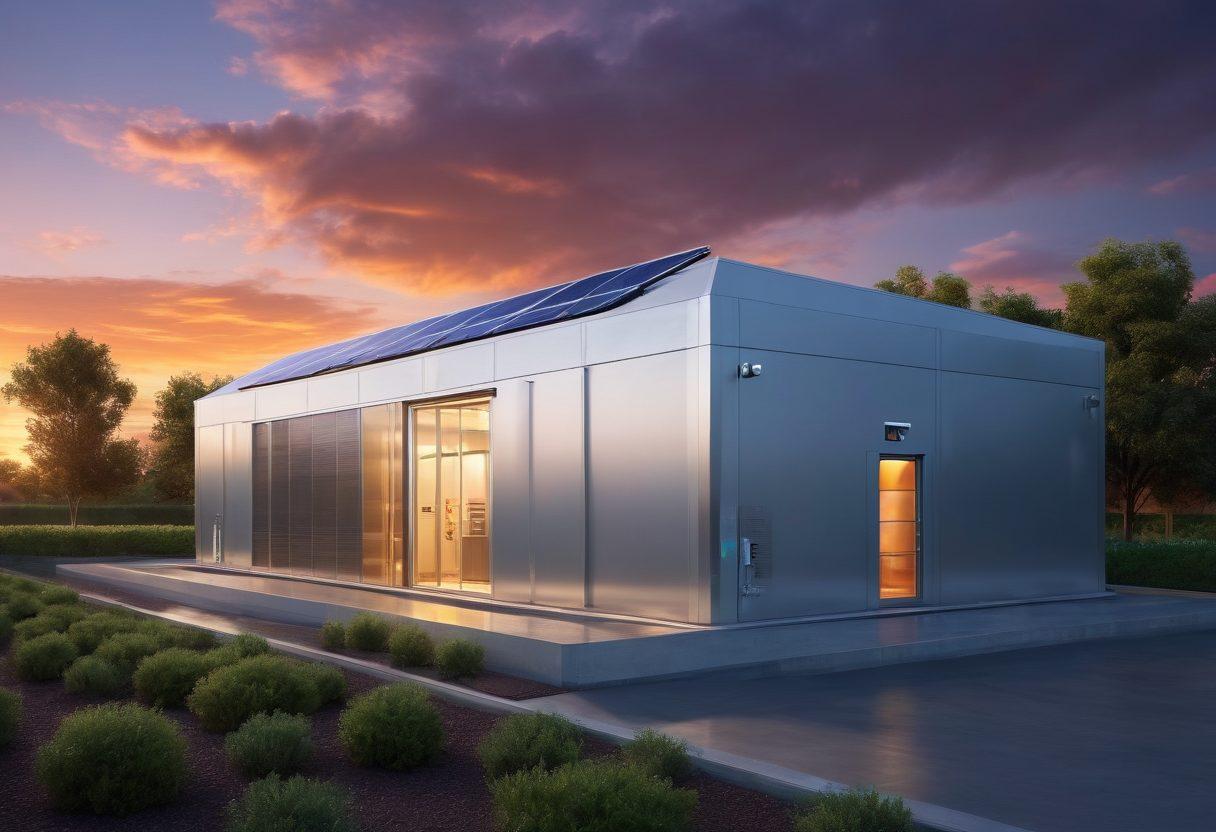 A modern cold storage facility showcasing a blend of thermoelectric and solar-powered refrigeration units. Visually emphasize sleek technology with solar panels integrated into the building design, surrounded by eco-friendly elements like greenery and water features. Include warm light emitting from the refrigeration units to highlight functionality. Dramatic sky with a sunset, casting a warm glow over the scene. hyper-realistic. vibrant colors. clean lines.